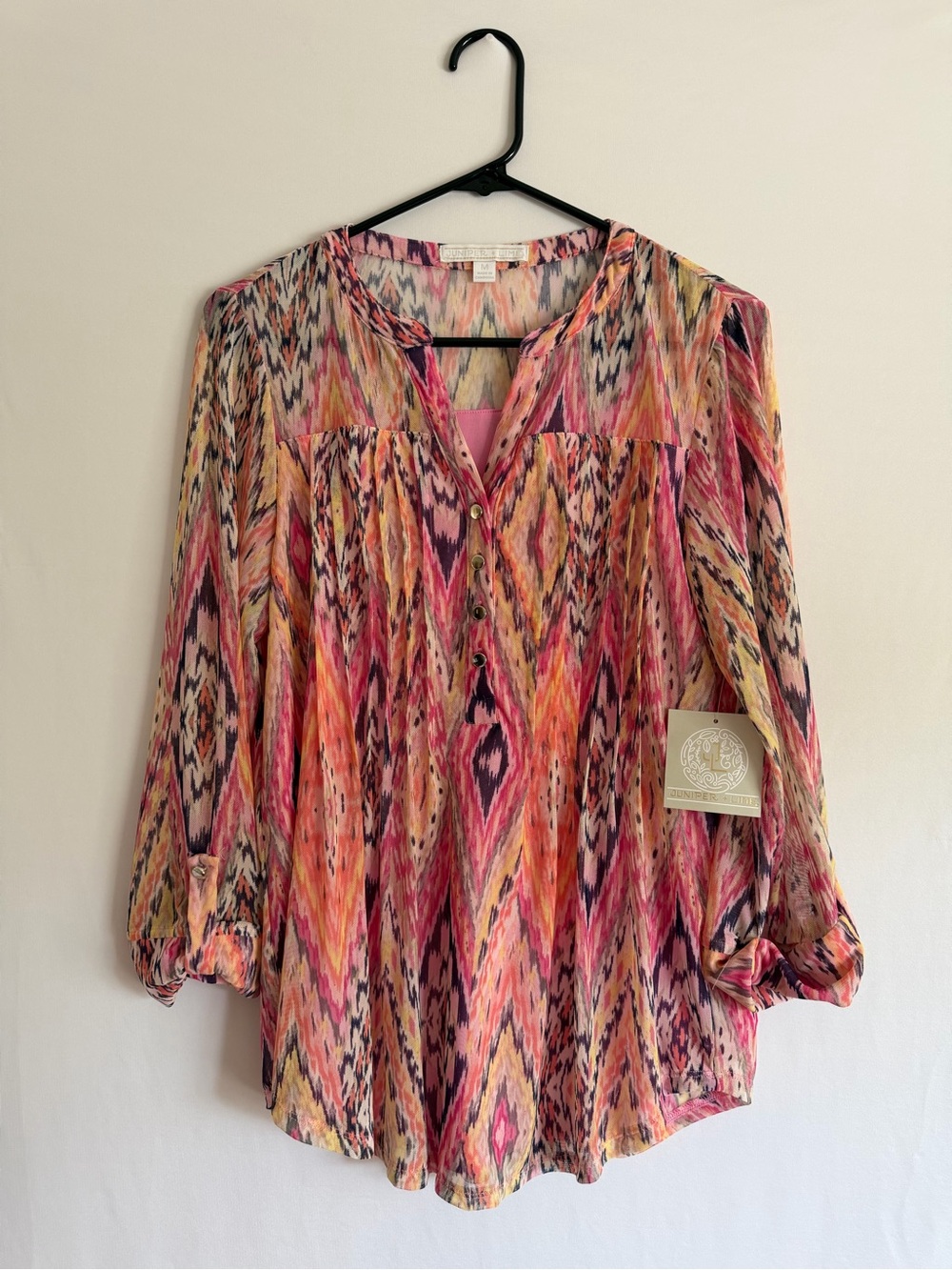 Juniper + Lime Pink Ikat Mesh Tunic Blouse Roll Tab Sleeve Womens M